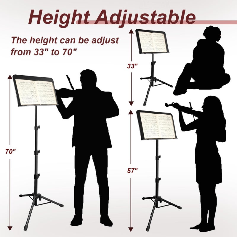 HOLANHING 70IN Sheet Music Stand, Tall Music Stand for Sheet Music Height- Adjustable Music Sheet Stand with Carrying Bag for Guitar, Violin, Ukulele (33-70IN-B) - Image 3